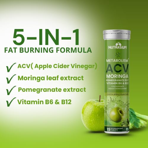 Nutrasium ACV Moringa Metabolism Plus | Apple Cider Vinegar Effervescent Tablet | For Supports Weight Loss, Control Cravings, Convert Fat Into Energy, Boost Energy & Immunity | 15 Tablets Green Apple
