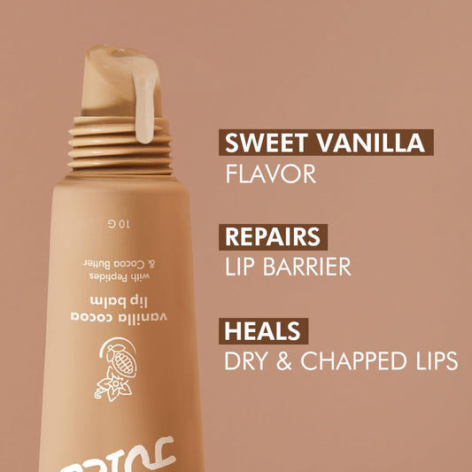 mCaffeine Lip Juice Vanilla Cocoa Lip Balm | 24 hrs Moisturization | Sweet Vanilla Flavor | With Peptides, Cocoa Butter & Vitamin E | Heals Dry & Chapped Lips | Lip Balm For Men & Women - 10g