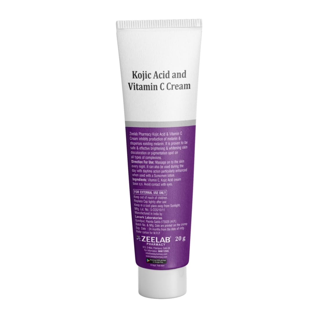 Zeelab Kojic Acid 2% and Vitamin C Cream – Advanced Formula for Pigmentation, Dark Spots, Age Spots, Acne Marks & Uneven Skin Tone – 20g Tube