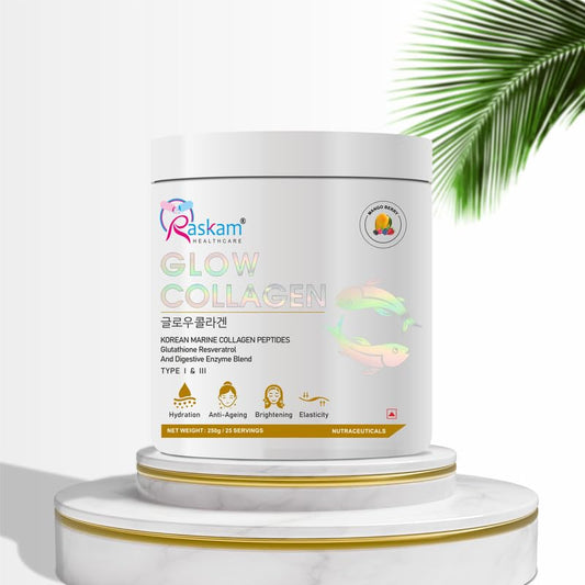 Glow Collagen Powder 250gm of 25 Servings | Korean Marine Flavored (Mango Berry) Collagen Powder Supplements for Women & Men