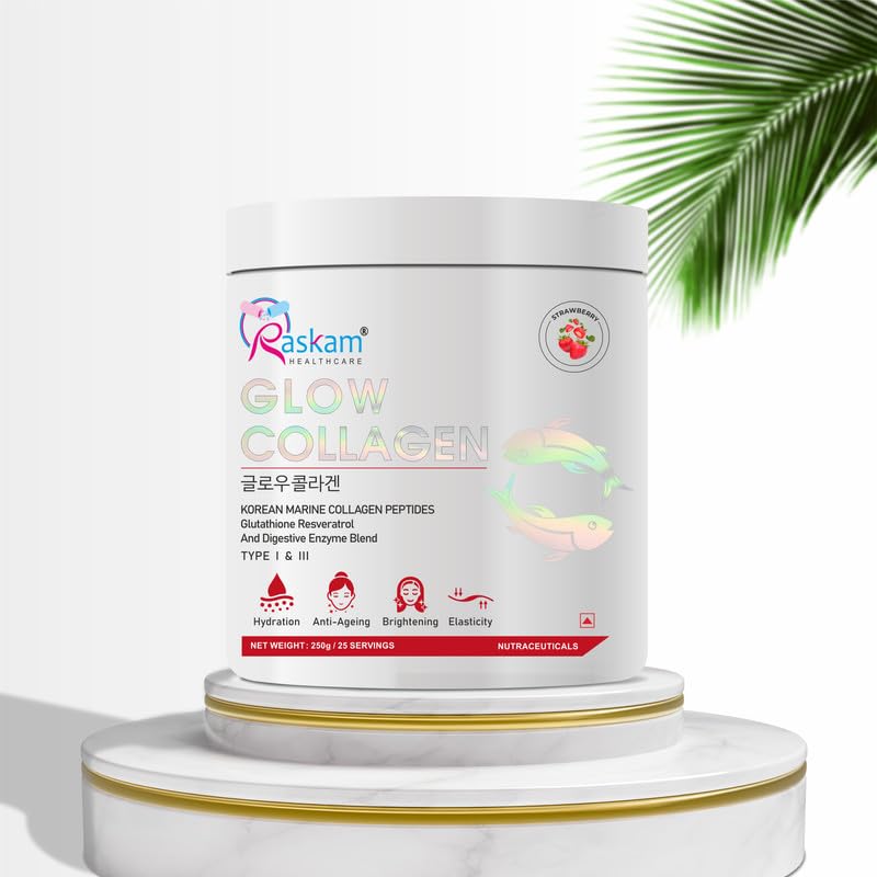 Glow Collagen Powder 250gm of 25 Servings | Korean Marine Flavored (Strawberry) Collagen Powder Supplements for Women & Men