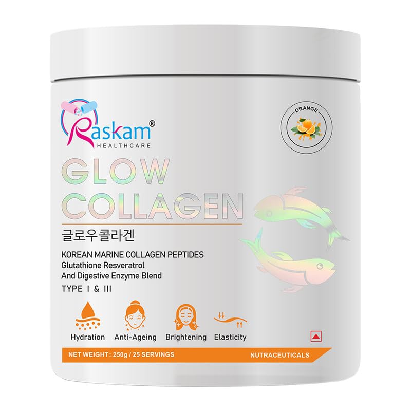 Raskam Glow Collagen Powder 250gm of 25 Servings | Korean Marine Flavored (Orange) Collagen Powder Supplements for Women & Men