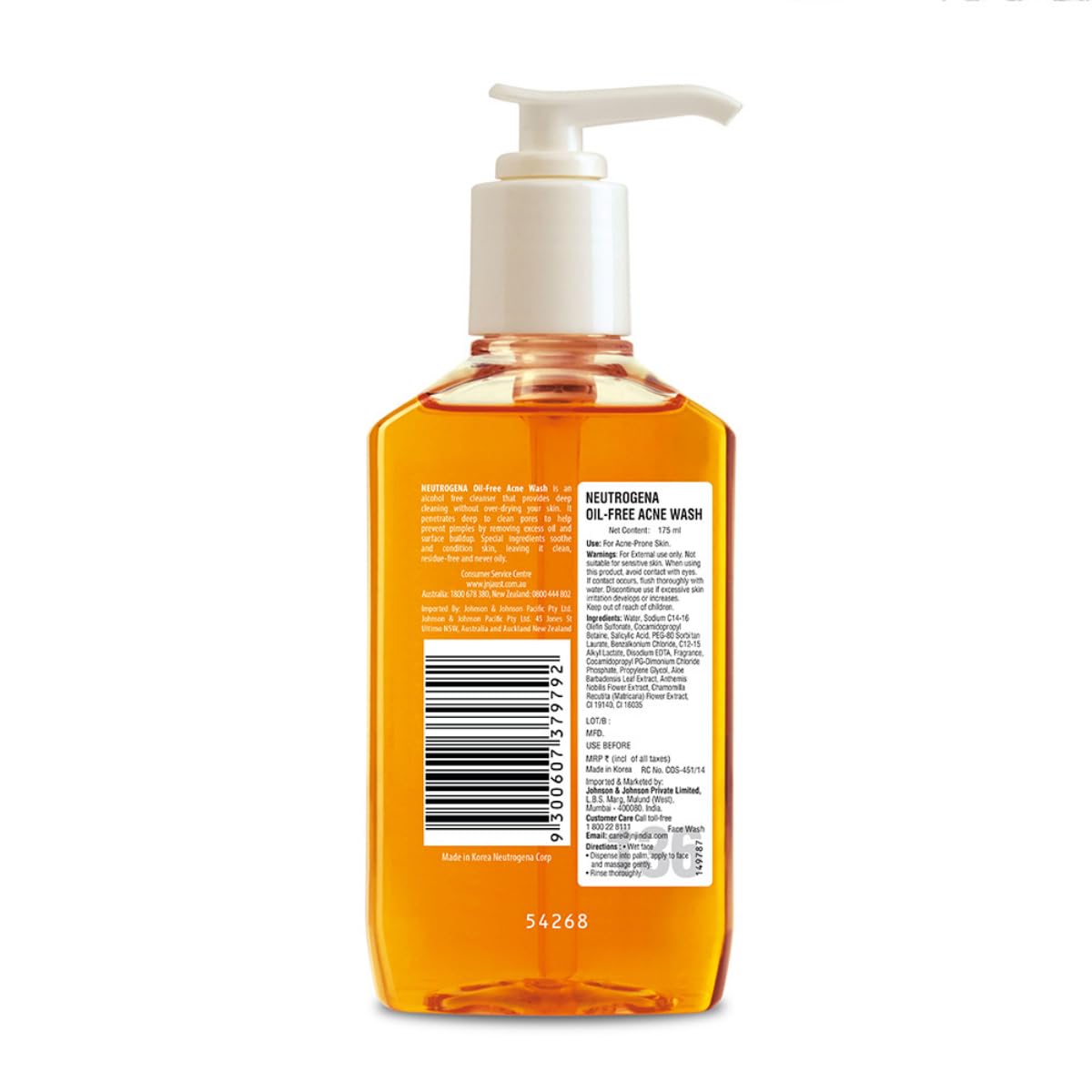 Neutrogena Oil Free Acne Wash | 2% Salicylic Acid Deep Cleansing Face Wash for Oily Skin|Hydrating, Alcohol Free, Non Comedogenic & Dermatologically Tested | For Oily Acne Prone Skin |For Men & Women 175ml