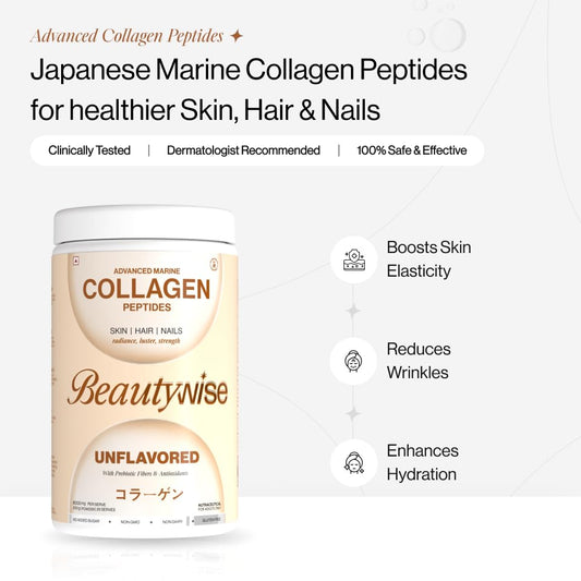 Beautywise Advanced Hydrolyzed Japanese Marine Collagen with Glutathione | For Radiance, Hydration, Youthful Skin | Fast-Absorbing 200gm, Clinically Proven | Skin, Hair & Nails | Unflovoured (25 Servings)