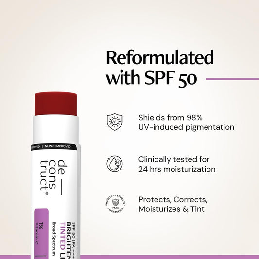 Deconstruct Brightening Tinted with SPF 50 | For Dark, Pigmented, Dry, Flaky Lip | SPF 50 for Sun Damage and Discoloration | Lip Balm for Glossy Buttery Soft Pink Lips | For Women & Men - (4.2g)