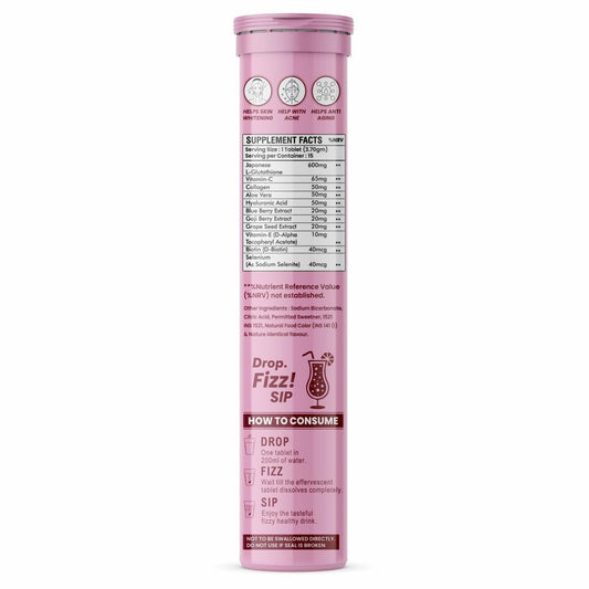 Glutathione Tablets Japanese L Glutathione 15 Effervescent Tablet In Mixberry Flavour With Collagen Aloevera Biotin Vitamin-c Hyaluronic Acid For Skin Glow & Hydration (Pack of 1)