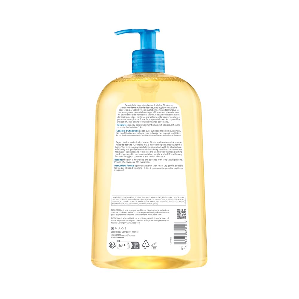 Bioderma Atoderm Huile de douche Anti-iritation Cleaning Oil | 24hrs Hydration | Face and Body Moisturizer | Soothes Discomfort - Dry to Very Dry Sensitive Skin - 1 Ltr
