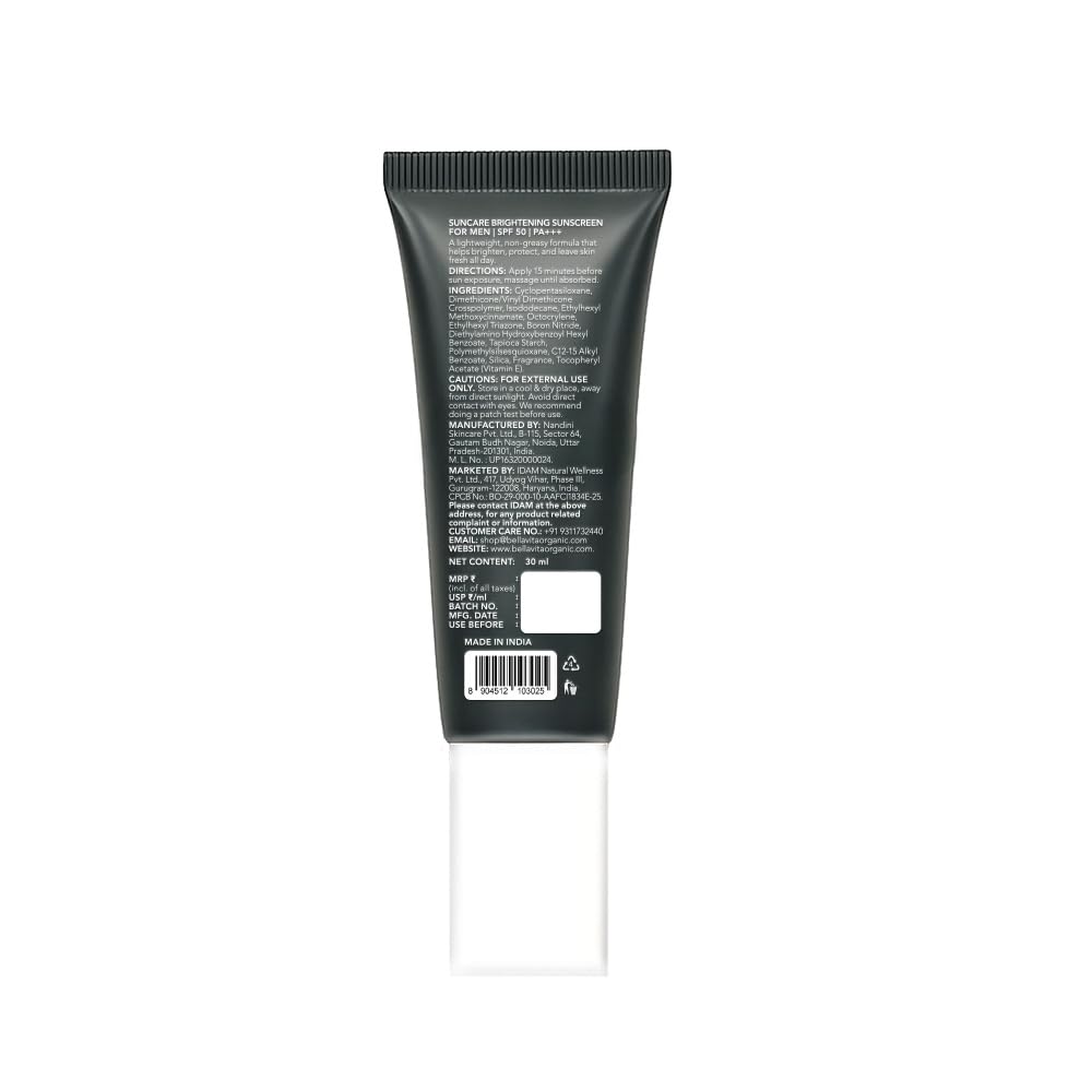 BELLAVITA Suncare Brightening Sunscreen For Men | SPF 50 PA+++ Broad Spectrum Protection | Zero White Cast | Brightens Skin Instantly | Ultra Lightweight | Prevents Tanning & Dullness | Instant Absorption | 30 ml