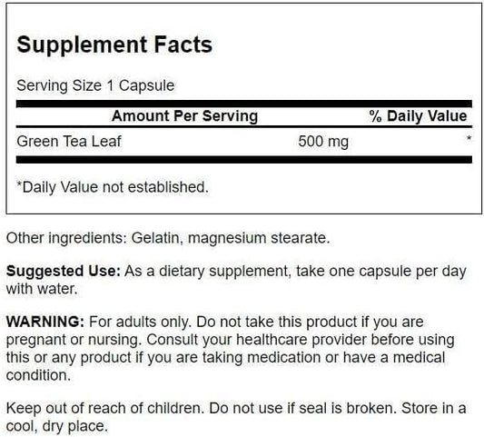 Swanson Green Tea Extract Supplement - Antioxidant Rich - 500 MG Green Tea Leaf Powder - 100 Capsules