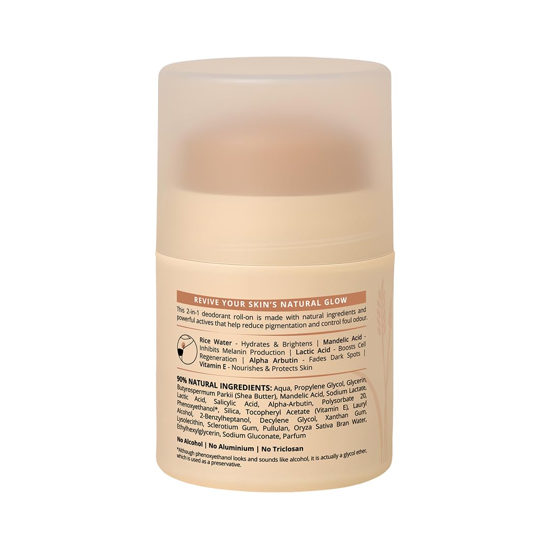 Carmesi Glow Revive Underarm Roll On Deodorant for Women | Brightens Skin, Reduces Pigmentation, Controls Odour | Rice Water, Vitamin E, 2% w/w Salicylic Acid & AHAs | 90% Natural | No Alcohol & Aluminium | 50 ml
