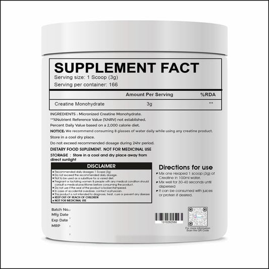 Pure Creatine Monohydrate 500gm, 166 Servings | Rapid Absorption | Enhanced Muscle Strength & Power | Vegan Powder