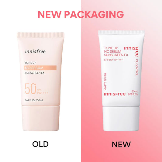 Innisfree Tone Up No Sebum Tinted Sunscreen 60ml with SPF 50+ PA++++ | Oil Control & Matte Finish, UV Protection, Clean Formula | Korean Sunscreen for Oily Skin, Non-Greasy, Sweat-Resistant