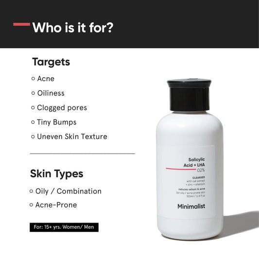 Minimalist Anti-Acne Salicylic Acid 2% Face Wash For Oily & Acne Prone Skin | With LHA for Pore Cleansing, Oil Control & Sebum Regulation | Sulfate-Free Formula with Zinc for Gentle Exfoliation | Cleanser for Women & Men | 100 ml