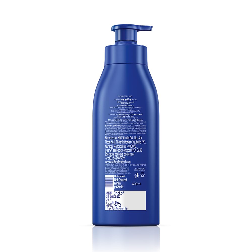 NIVEA Cocoa Nourish 400ml Body Lotion with Deep Moisture Serum| 48 H Moisturization | With Cocoa Butter & Coconut Oil | Non Greasy & Healthy Looking Skin |For Very Dry Skin