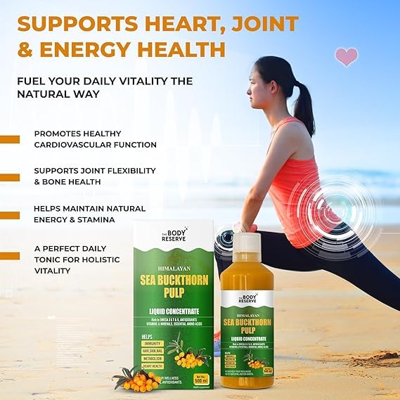 The Body Reserve Himalayan Sea Buckthorn Juice 500ml | Cold Pressed Seabuckthorn Berry Pulp Concentrate | Natural Vitamin C | Omega 3-6-7-9 | Antioxidant-Rich Gut Health Juice for Skin Glow, Heart & Immunity Support