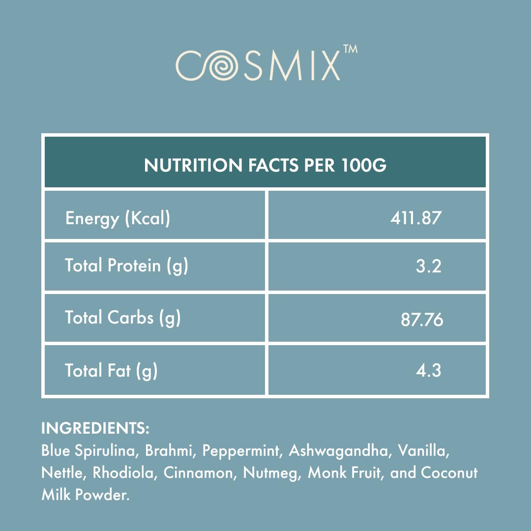 Cosmix Bring Me Bliss|For Relaxation & Focus|Helps De-Stress|Blue Spirulina & Ashwagandha Superfood Powder|60g (40 servings)|No Artificial Colour,No Preservatives,No Added Sugar|Plant Based