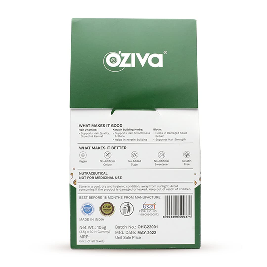 OZiva Biotin Hair Multivitamins Gummies For Stronger,Fuller,Shinier Hair|Hair Gummies With Keratin Builder,Iron&Vitamins B9,B6&D|Raw Mango Flavour|No Added Sugar (Pack Of 1,30 Gummies)