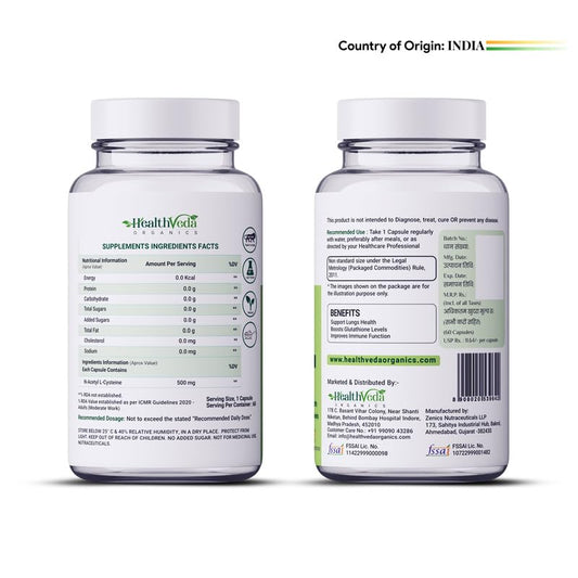 HEALTH VEDA ORGANICS PRIVATE LIMITED N - Acetyl L - Cysteine 500Mg | 60 Veg Capsules | Lungs & Respiratory Support | Immune Health | For Both Men & Women¦