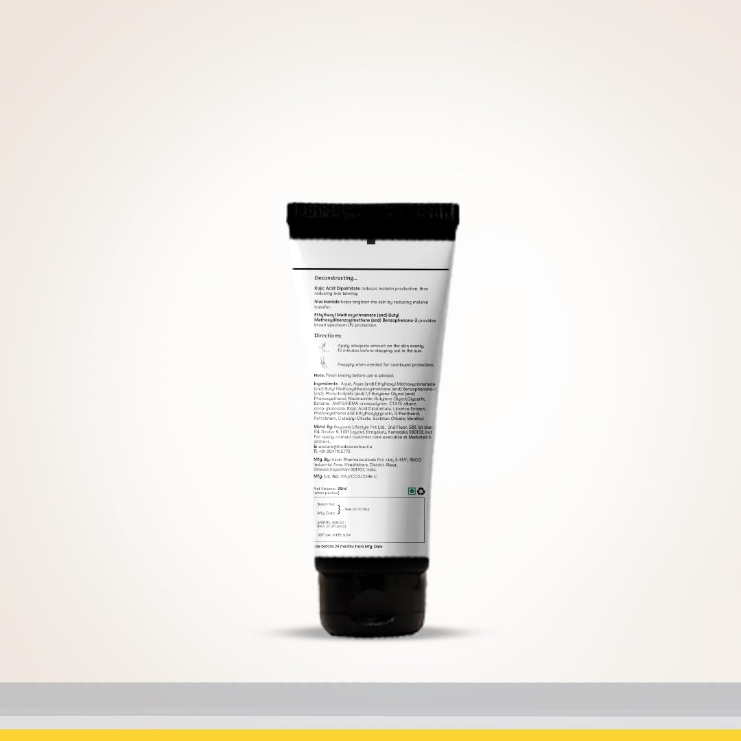 Deconstruct Detan Sunscreen Body Lotion SPF 50 PA++++ | Broad Spectrum UVA and UVB Protection| Lightweight , Water-Resisitent , Non-Greasy Formula | With Kojic Acid & Niacinamide for Reducing Tan Lines & Skin Brightening | All Skin types | 90 ml