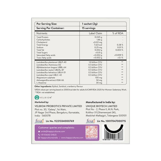 Happy Cultures Stress Who - Ashwagandha KSM66, Magnesium & L-Theanine, Probiotics blend, Anxiety & Stress Relief For Men & Women | Supports Relaxation | Clinically tested, No Side Effects | Lemon & Ginger Flavored - 15 x 2g (Sachets)
