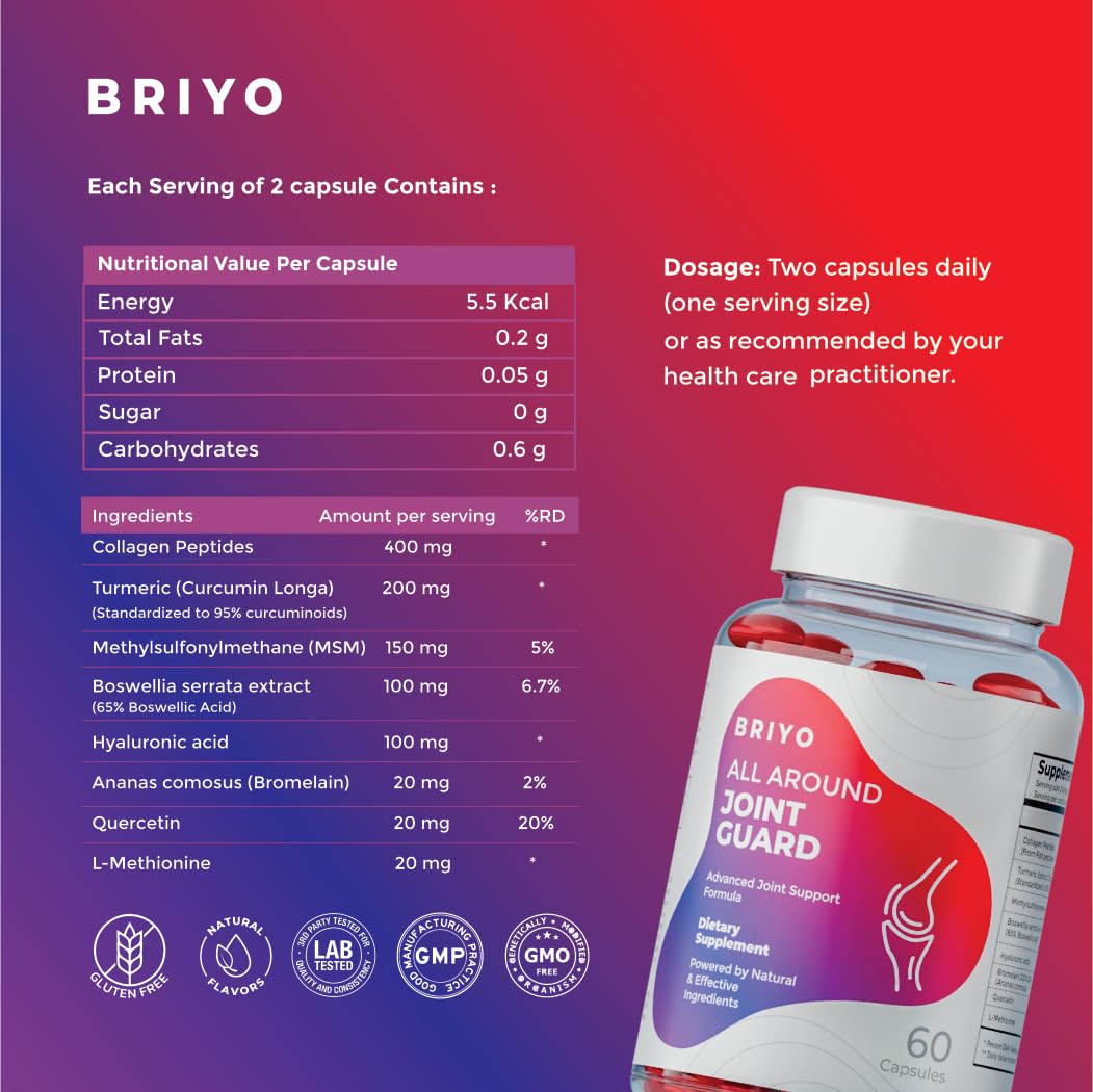 Briyo Joint Health Supplement All Around Joint Guard- with Collagen, Hyaluronic Acid, MSM & Boswellia, Quercetin, Bromelain and more for Cartilage, Joint Health & Flexibility, 30 Capsules
