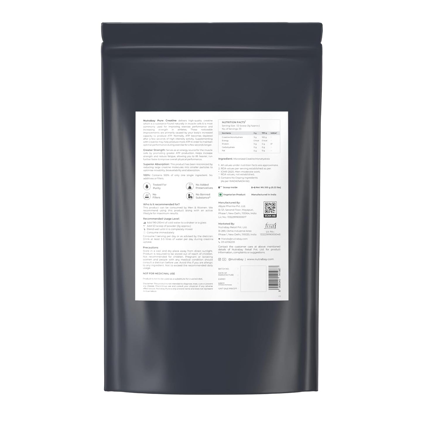 Nutrabay Pure Micronised Creatine Monohydrate Powder 3000 mg/Serving – Pre/Post Workout Supplement for Muscle Gain & Recovery |33 Servings – 100g, Unflavoured | Trustified Certified | 100% Authentic