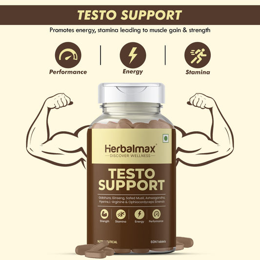 Herbalmax Testo Support Testosterone Supplement | With Gokshura, Safed Musli, L-Arginine & Ashwagandha | Natural Testosterone Booster for Strength, Stamina, Performance & Energy – 60 Tablets