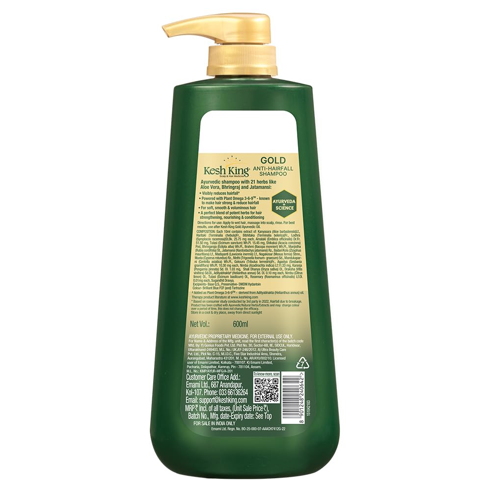 Kesh King Gold Anti Hairfall Shampoo, Reduces Hair Fall, Makes Hair Strong, Strengthens, Nourishes & Conditions, For Soft, Smooth & Voluminous Hair, For Men & Women, 600 ml
