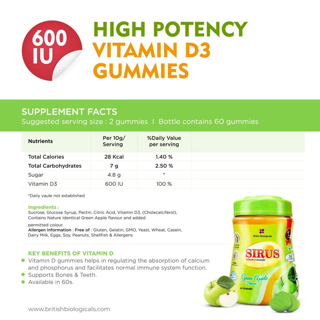British Biologicals Sirus Vitamin D Gummies|Vitamin D Gummies for Men & Women|Gluten-Free|Supports Bone,Teeth & Muscle Health|Non-GMO|Maintains Calcium Levels|Green Apple Flavour|60 Count