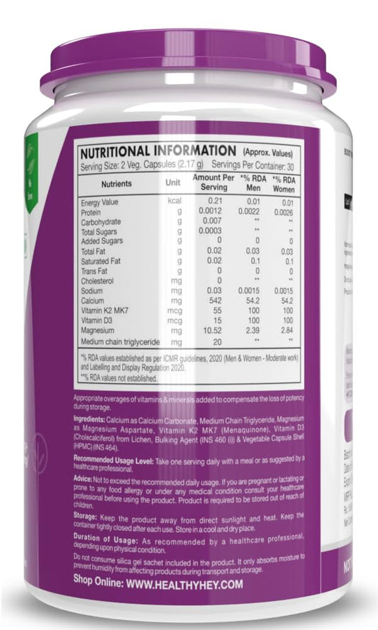 HealthyHey Nutrition Vegan Calcium with Magnesium, Vitamin D3 & Vitamin K2- Mk7 - BoneMax - Bone Health Complex - 60 Vegetable Capsules