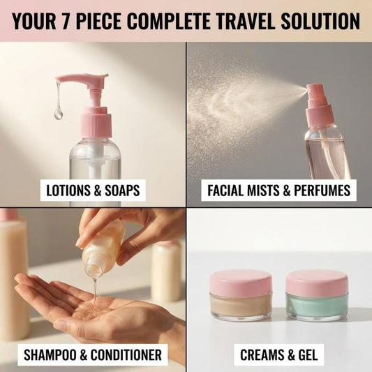 Temperia Travel Bottles for Toiletries (7pcs) - Refillable Empty Mini Containers with Pouch (Random Colors) - Travelling Accessories & Essentials Kit Set for Shampoo, Cosmetics, and More