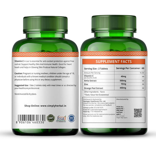 Simply Herbal Plant Based Vitamin C Tablet for Glowing Skin & Face, Ascorbic Acid, Amla Extract, Skin Glowing Supplement Promote Beauty & Health for Men & Women - 60 Tablets