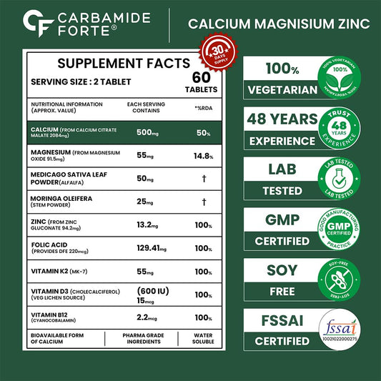 Carbamide Forte Calcium And Vitamin D3 Tablets | Calcium Tablets For Women & Men | Calcium Magnesium Zinc Supplemen With Vitamin D3 + K2 MK7 To Support Bones, Joints & Immunity - 60 Tablets