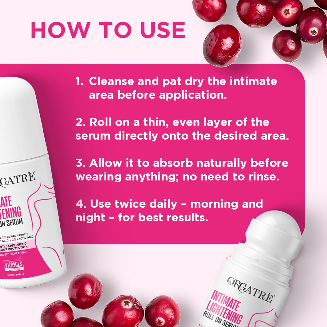 Orgatre Intimate Brightening Roll-On Serum | 5% AHA + 2% Alpha Arbutin 3% Kojic Acid | For Inner Thighs, Knees & Bikini Area | Intimate Areas for Women & Men 50ml