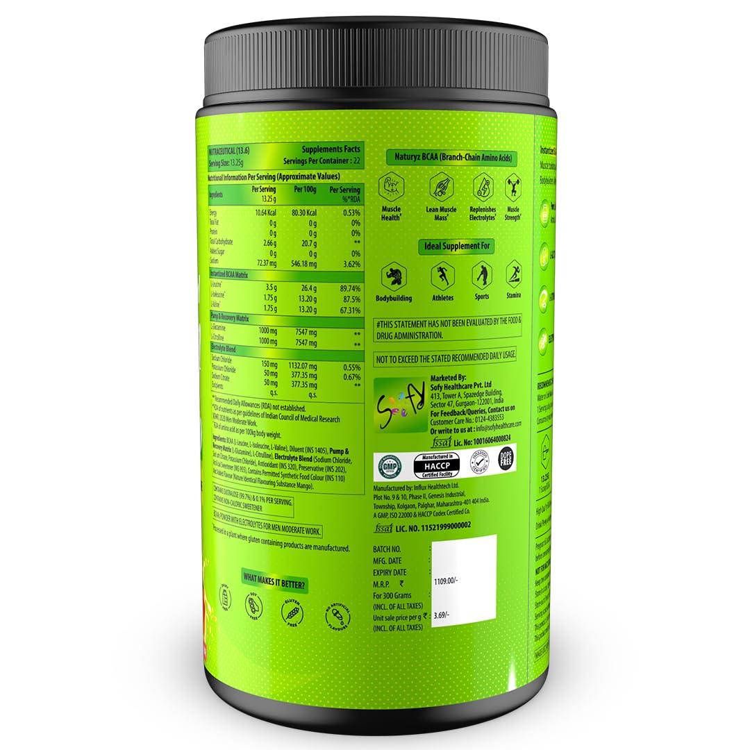 NATURYZ Instantized BCAA 7000 PRO |7G Vegan BCAAs | Glutamine | Citrulline | Electrolytes | 0 Added Sugar | Powerful Pre/Post & Intra Workout Amino for Lean Muscle Growth, Strength, Quick Re-Hydration & Instant Energy - 300g(Mango)