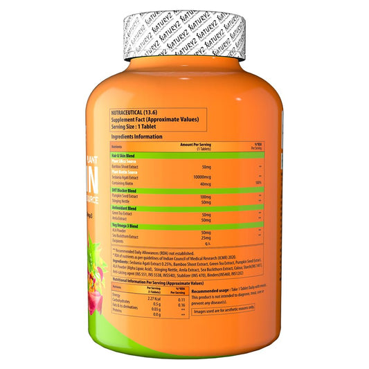NATURYZ 100% Plant Based Biotin Tablets with High Protein Vitamin DHT Omega 3 for Strong Hairs,Nails Growth & Glowing Skin - 60 Tablets, 100 grams
