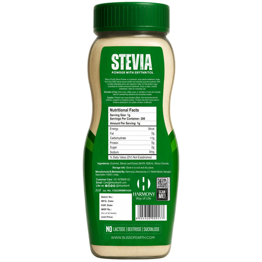 Bliss of Earth Stevia Powder, Organic Sugar Free Zero Calorie Sweetener Diabetic and Keto Friendly 99.8% Purity Vegetarian Gluten Free Quick Dissolve (200 gm (Pack of 1))