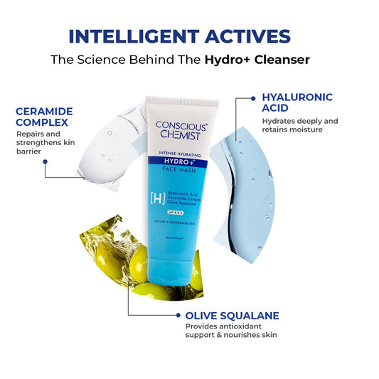 Conscious Chemist® Gentle Face Wash for Dry Skin | 100ml | Hydrating Cleanser for Face with Hyaluronic Acid, Ceramides and Ginseng Extract, Treats Dull and Dehydrated Skin for Women & Men - Hydro+