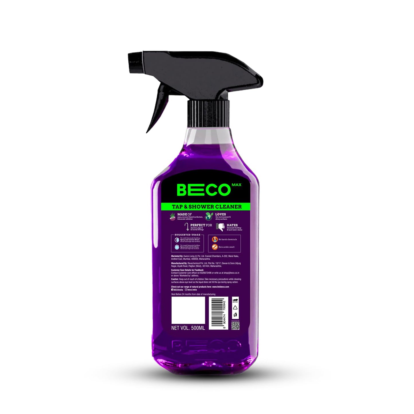 Beco Tap-Shower & Limescale Remover -500 ml | Descaler Liquid | Instantly Removes Stains | Cleans in 60 seconds | Non-Toxic | Max Shine | Suitable for Bathroom, Taps, Showers,Tiles, Mirrors