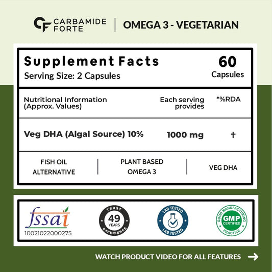 Carbamide Forte Veg Omega3 1000mg | Veg DHA | Vegetarian Omega 3 | Algal DHA | Plant Based | No Fish oil Used Capsules for Men & Women- 60 Veg Capsules