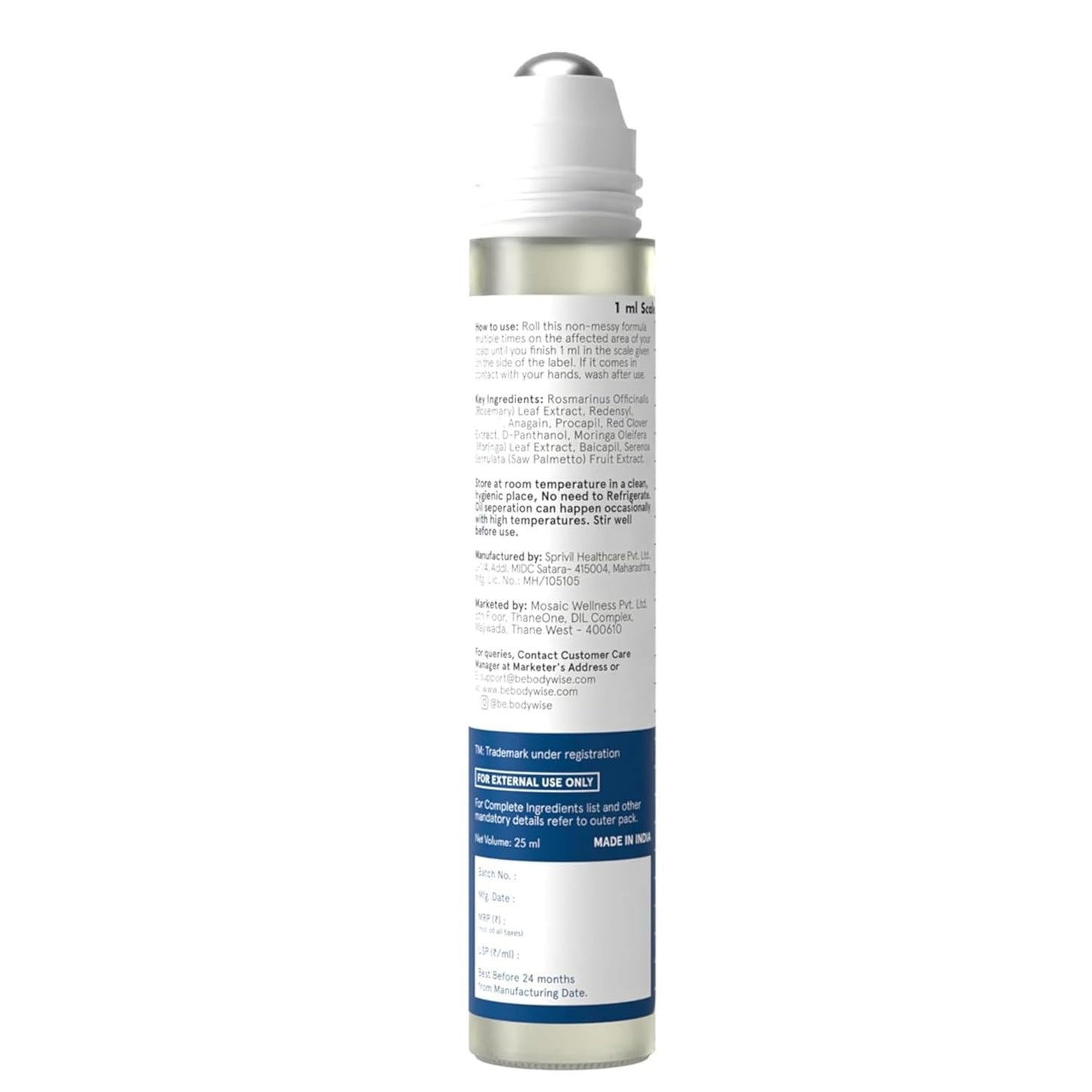 Be Bodywise Rosemary Hair Growth Serum (Roll On) | 3% Redensyl & 2% Anagain | Hair fall control serum for Women & Men | Promotes Hair Growth & Stimulates Hair Follicles | For All Hair Types | 25ml