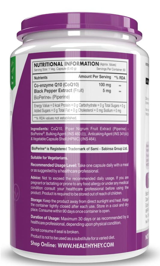 HealthyHey Nutrition CoQ10 105mg with Bioperine -Supports Heart Health - 60 Veg Capsules