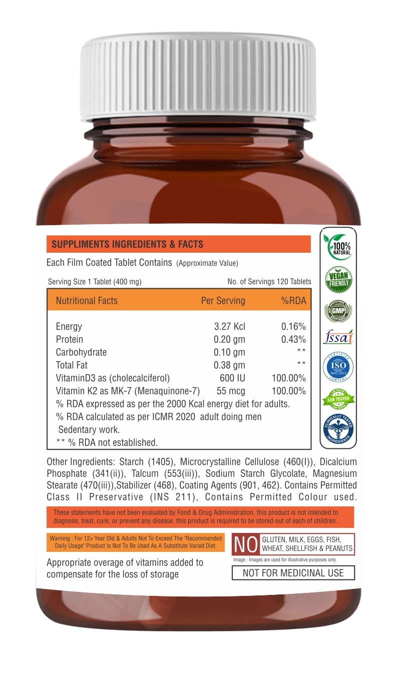 The Body Reserve Vitamin D3 K2 MK7-120 Veg Tablets, 100% RDA Plant-Based Vitamin D3 Supplement from Lichen Source with Vitamin K2 as MK7 Menaquinone