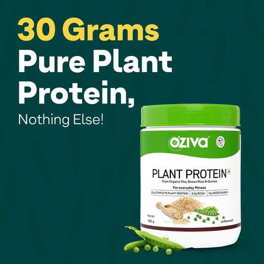 OZiva Plant Protein for Everyday Fitness | 30g Protein - Pea Isolate | Complete Plant Protein Powder | No Added Sugar, Certified Clean & Vegan (Unflavoured, 500g)