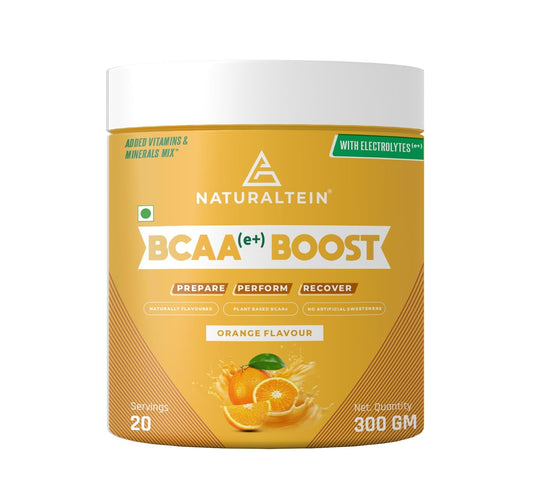 Naturaltein BCAA E+ Boost - Vegan BCAAs with Electrolytes, Vitamins & Minerals - 300g Clean Energy Drink - Natural Orange