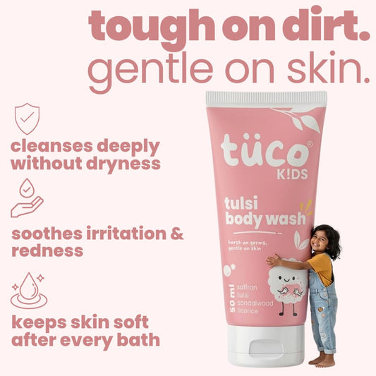 Tuco® Kids Body Wash/Shower Gel | Infused with Sandalwood Oil, Tulsi and Saffron | Gently Cleanse, Soothe, and Nourish | Ages 2-5, 5-10, 10-15 | SLS/SLES and Paraben Free | 50 ml