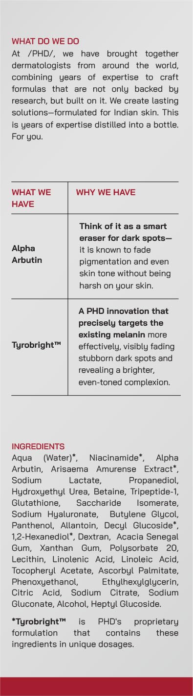 Proven Honest Derma /PHD/ 2% Alpha Arbutin Depigmentation Serum | Alpha Arbutin for Pigmentation & Dark Spot | Pigmentation serum for Women & Men | Tyrobrightâ„¢, Niacinamide | Tan removal | Fragrance-Free | 30ml