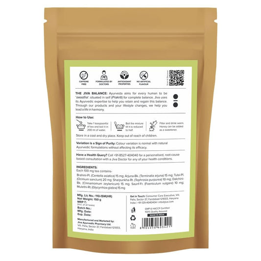 Jiva Ayurvedic Tea Caffeine-Free Tea For Healthy Heart, Brain, and Liver | Boosts Immunity, Lowers Cholesterol & Improves Digestion | No Artificial Flavour -150g