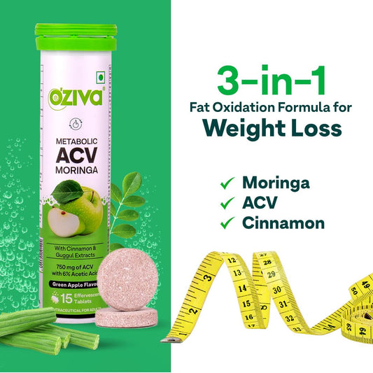 OZiva Acv Moringa|Control Cravings I Apple Cider Vinegar,Cinnamon,Guggul I No Maltodextrin & No Added Sugar I 15 Effervescent Tablets - Green Apple,Pack Of 2 (30 Tablets),2 Count,15 Capsules