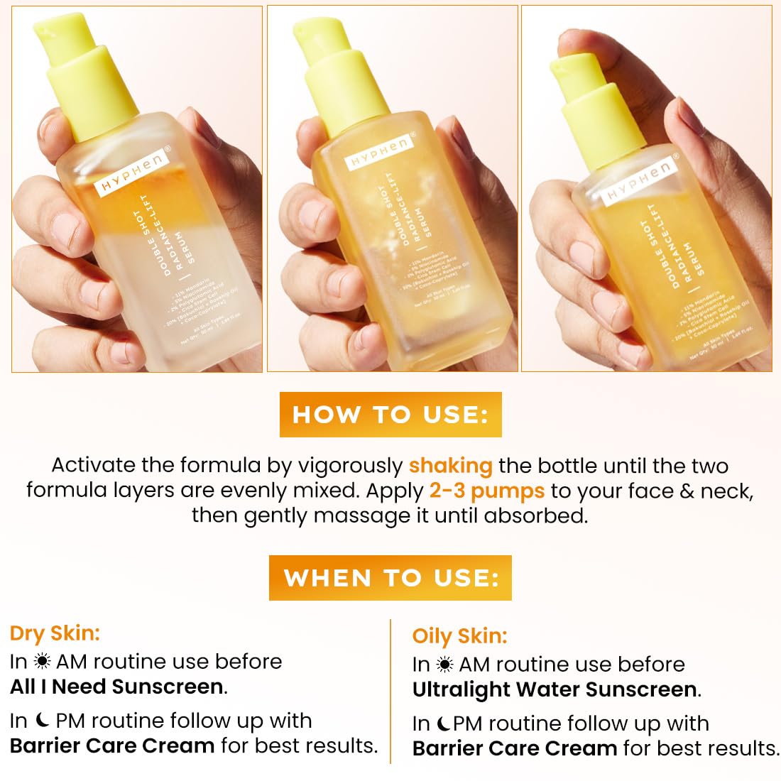 Hyphen 18% Brightening + 20% Collagen Face Serum | Double Shot Serum with 11% Mandarin 5% Niacinamide 2% PGA & Bakuchiol | Summer Skincare | Brightening, Hydrating & Collagen Boost for Dry Skin - 50ml
